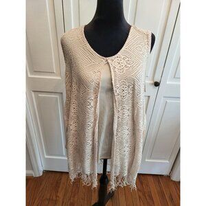 Cream Crochet Lace Layered Look  Tank Fringe  sz L Boho Hippie Festival Fairy